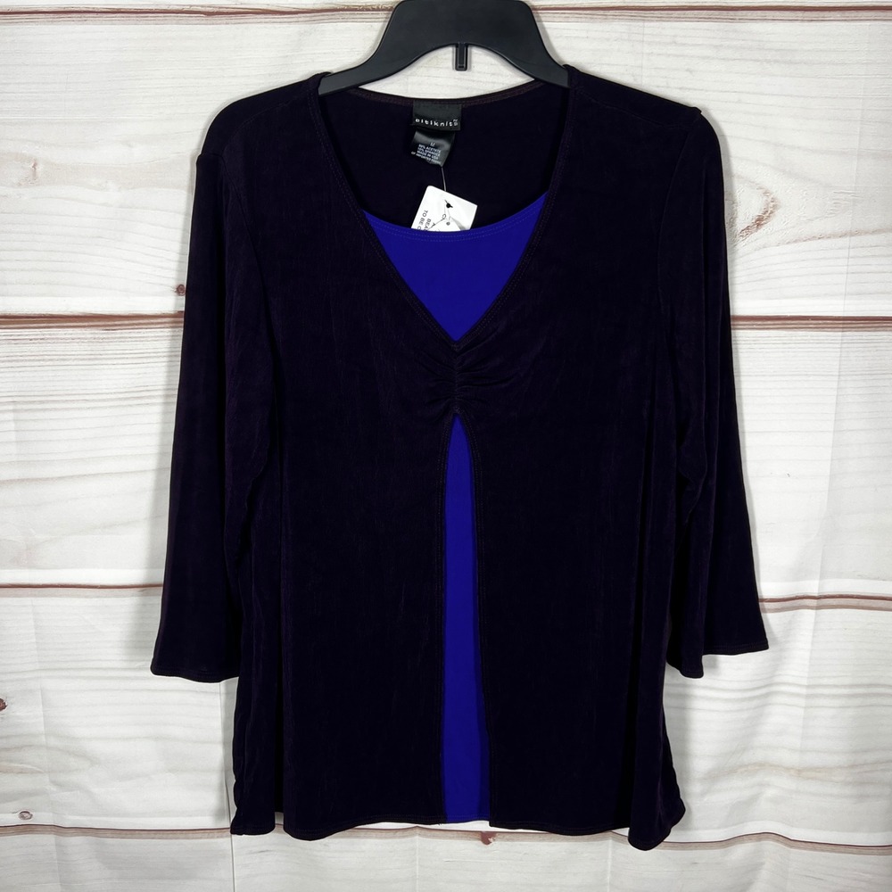 Citiknits Blouse Womens Medium Purple Solid Layered Look Top 3/4 Sleeve Stretch